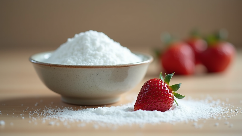 Eye-level view of a small bowl with baking soda and a strawberry nearby