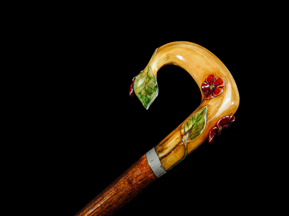Stunning Horn Carved Walking Stick with Floral Embellishments Circa: 20th C