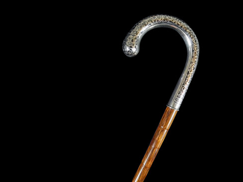 A Fine Silver Niello Walking Cane Circa 20th Century.