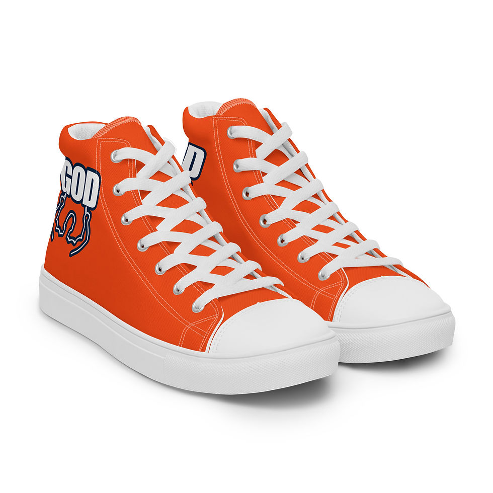 Thumbnail: Men’s High Top Canvas Shoes With 2 Hand's GOD Logo In Orange, White, and Navy