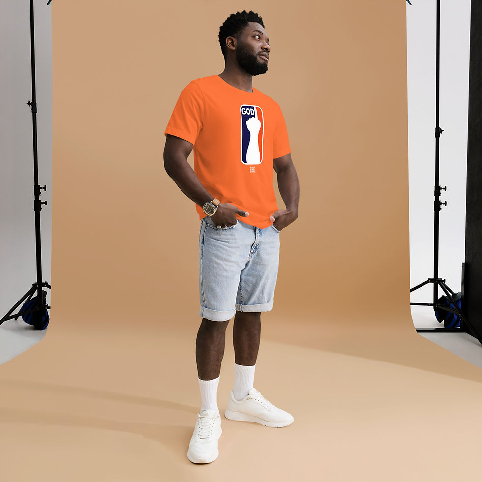 Thumbnail: Men's T-shirt In Orange, White, and Blue With 1 Hand GOD Logo