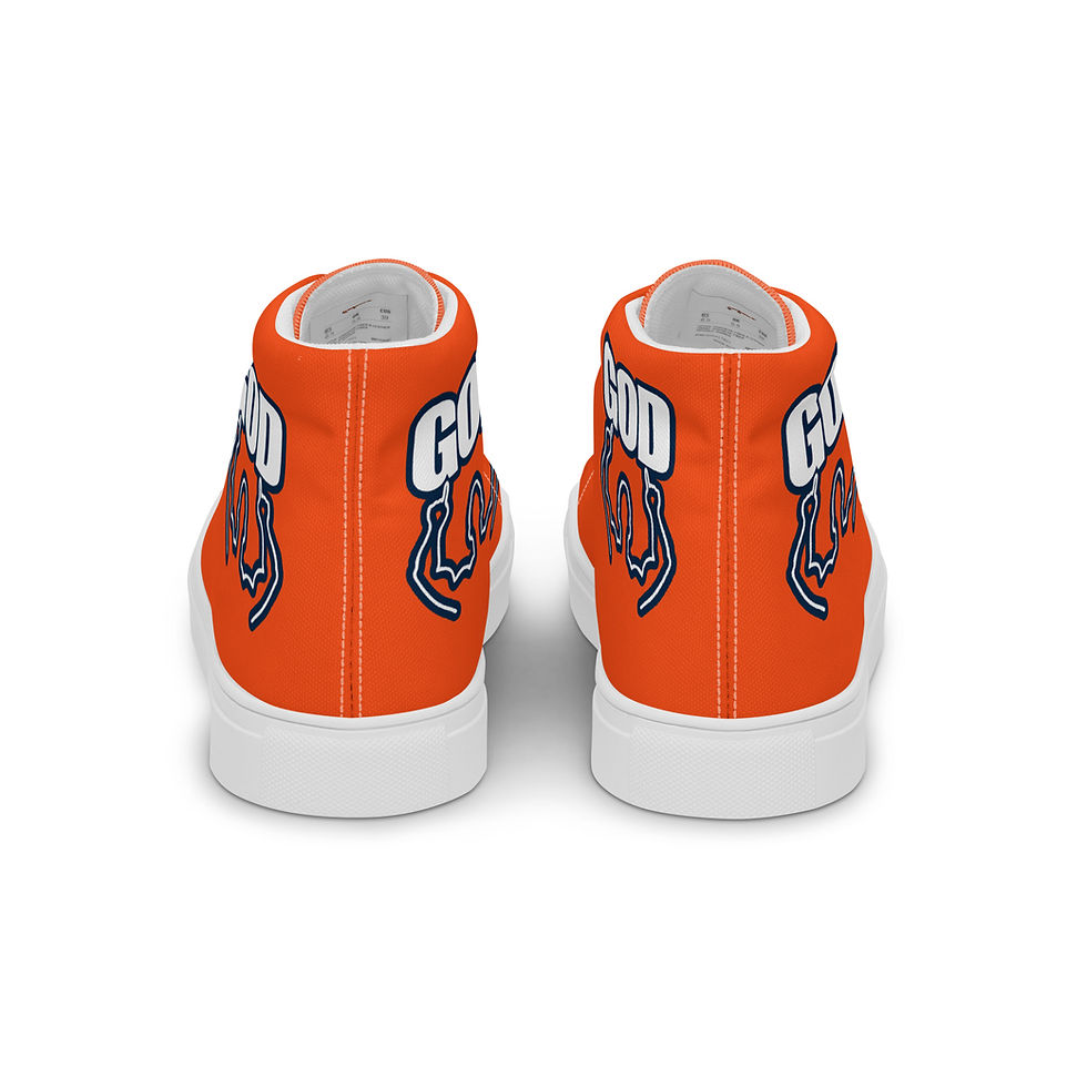Thumbnail: Men’s High Top Canvas Shoes With 2 Hand's GOD Logo In Orange, White, and Navy