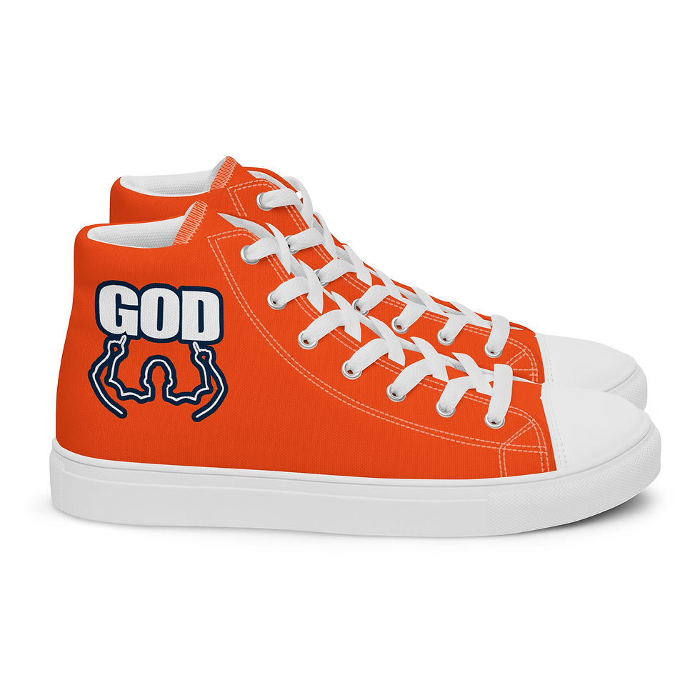 Thumbnail: Men’s High Top Canvas Shoes With 2 Hand's GOD Logo In Orange, White, and Navy