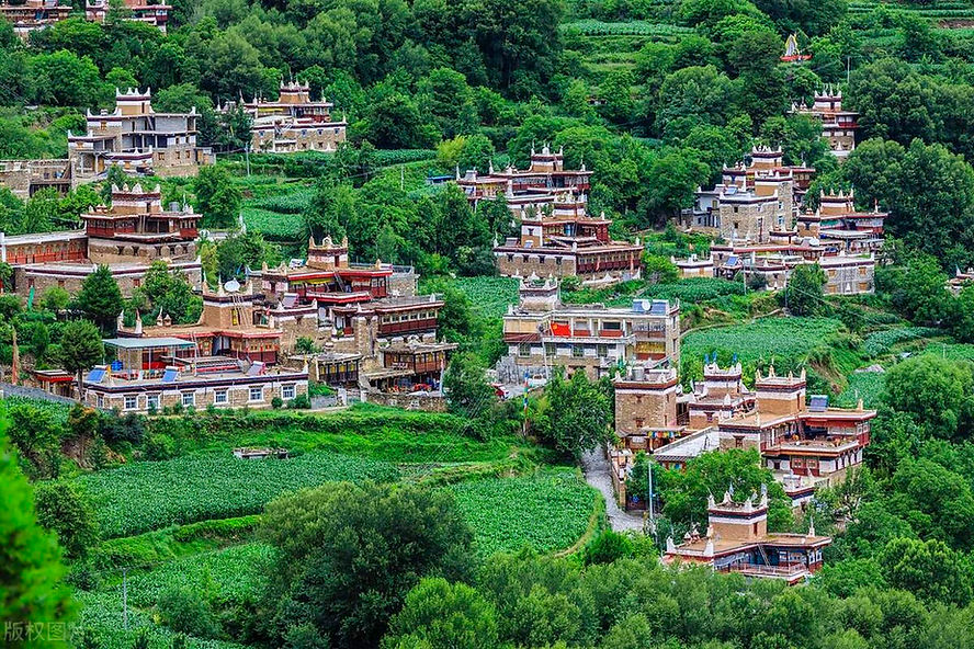 Hillside village with traditional stone houses, red roofs, and lush greenery. Dense forest surrounds the colorful settlement. Peaceful mood.