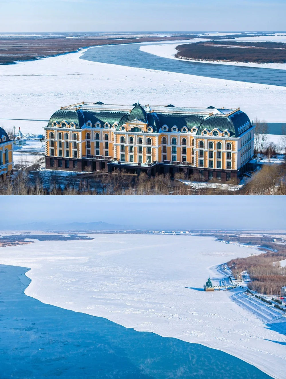 A grand building with green domes by a frozen river. Snowy landscape with blue sky, conveying a cold, serene winter atmosphere.