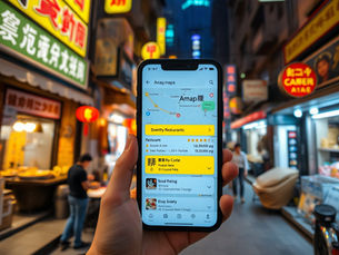 A hand holds a smartphone showing a map app in a busy, neon-lit street with Asian-language signs. The mood is vibrant and bustling.