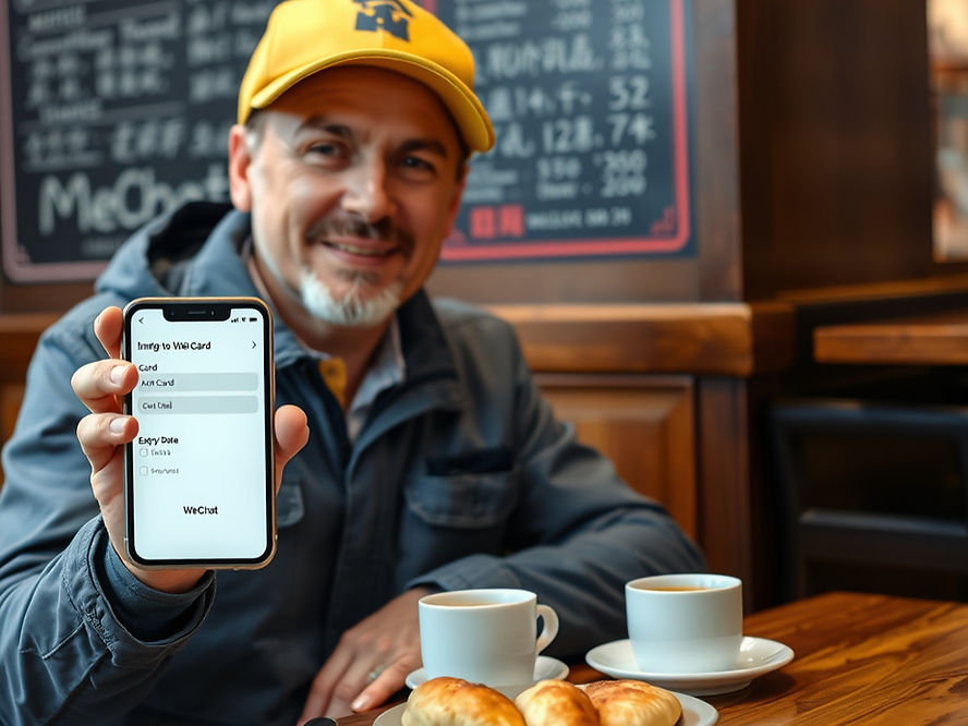 Man in yellow cap, smiling, holds phone showing "WeChat" screen in café. Coffee and pastries on table, chalkboard menu in background.
