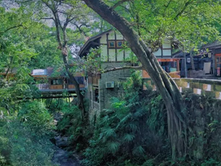 Lush green forest setting with traditional wooden houses, trees, and a small bridge over a stream. Bright, serene atmosphere.