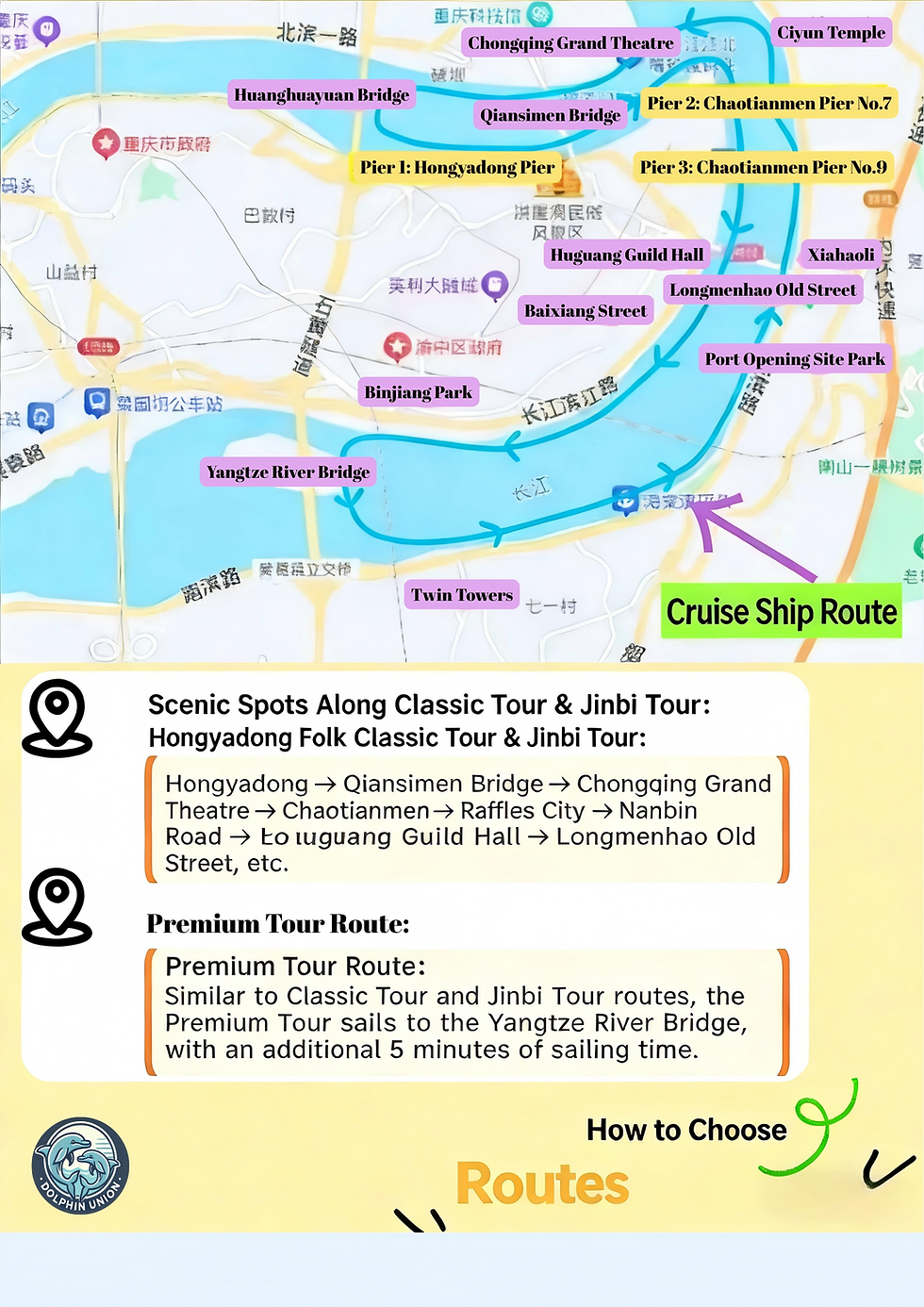 Map showing cruise routes along the Yangtze River with highlighted spots like Chongqing Grand Theatre. Includes classic and premium tour details.