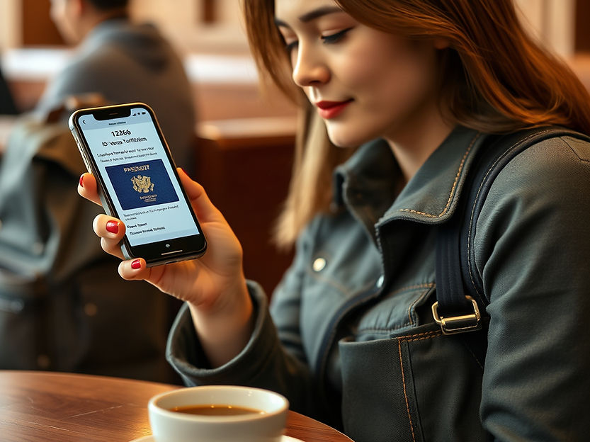 Woman in a cafe holding a phone displaying passport details. She is wearing a denim jacket. A coffee cup sits on a wooden table.