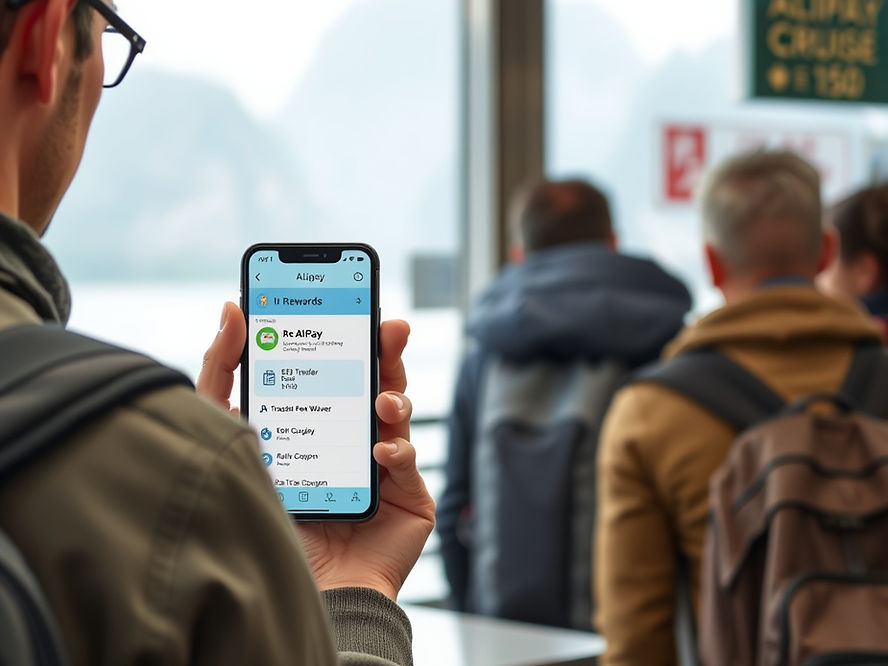 Person holding a phone showing payment app. Blurred travelers in coats and backpacks are in background. Sign reads "Cruise."
