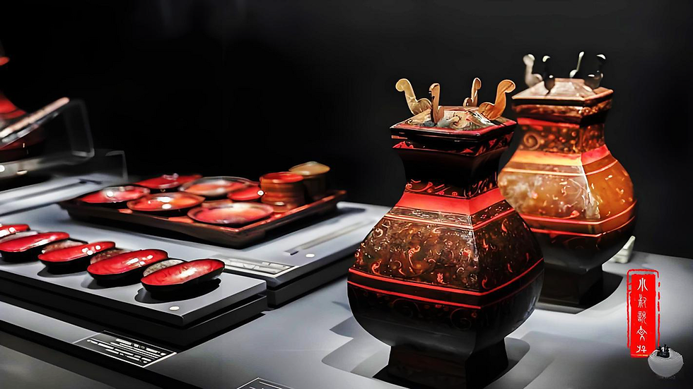 Ornate red and black vases and plates displayed on a dark exhibit table, highlighting intricate patterns and elegant design.