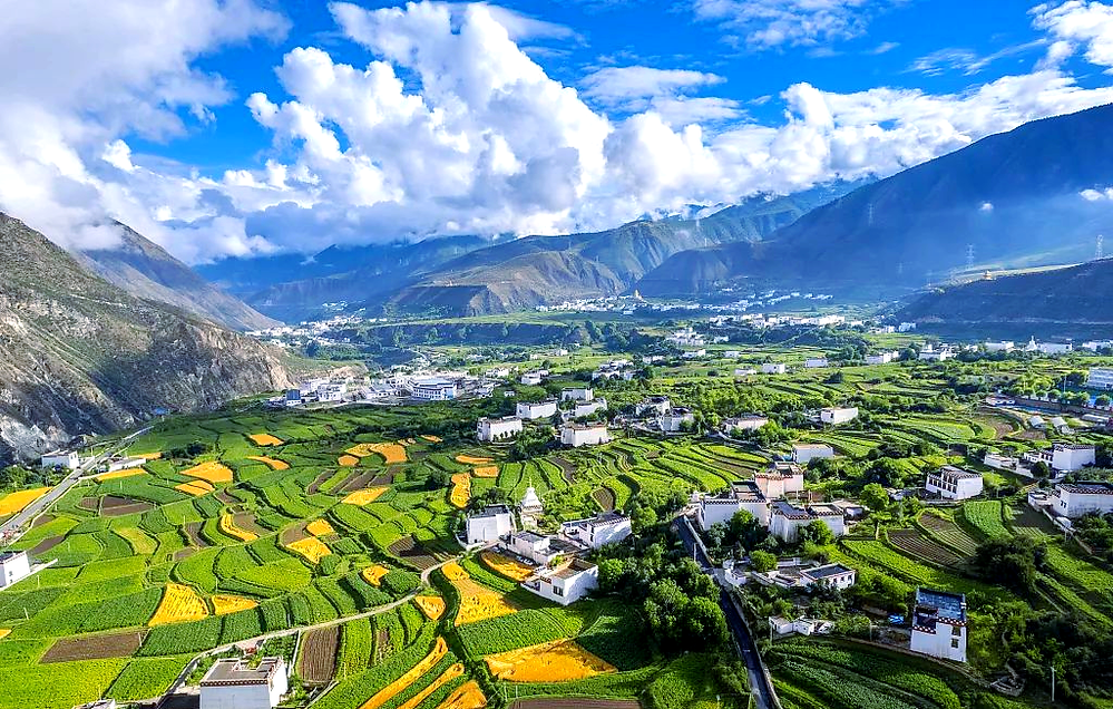 Aerial view of a vibrant green and yellow patchwork quilt farmland, small white houses, surrounded by mountains under a bright blue sky with clouds.