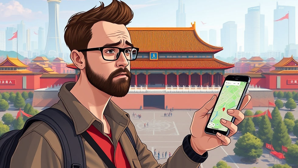Google Maps may work globally - but in China, you'll often find yourself with outdated data or no connection at all. Save yourself the frustration!" (Alt-text: Frustrated tourist holding phone with blank Google Maps screen in Beijing