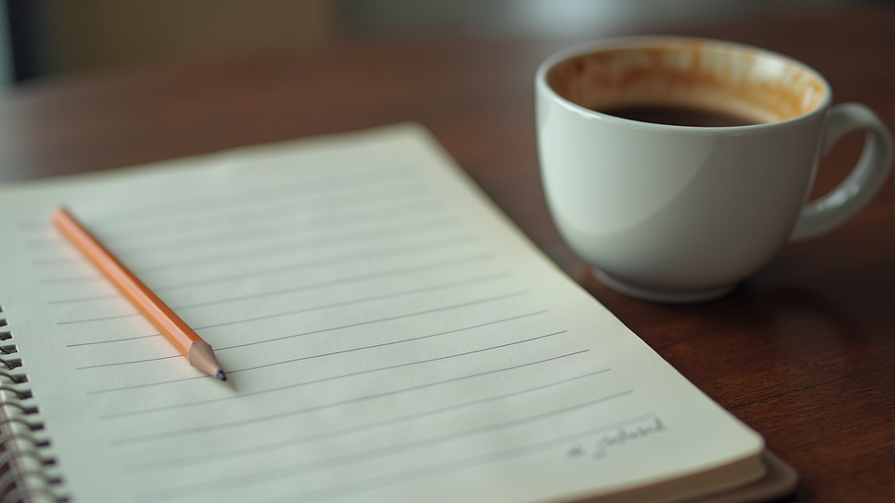 Eye-level view of a notepad with a pencil and a cup of coffee