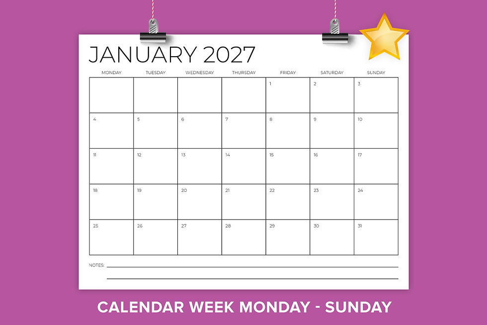2027 8.5 x 11 Inch Thin Sans Serif Calendar Template, Monday to Sunday, Print Ready PDF