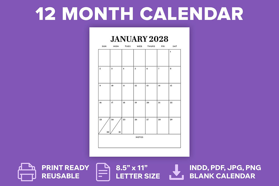 2028 Vertical 8.5x11 Inch Calendar Template, Printable, Blank Calendar, Planner, Modern Professional, PDF, JPG, PNG, INDD
