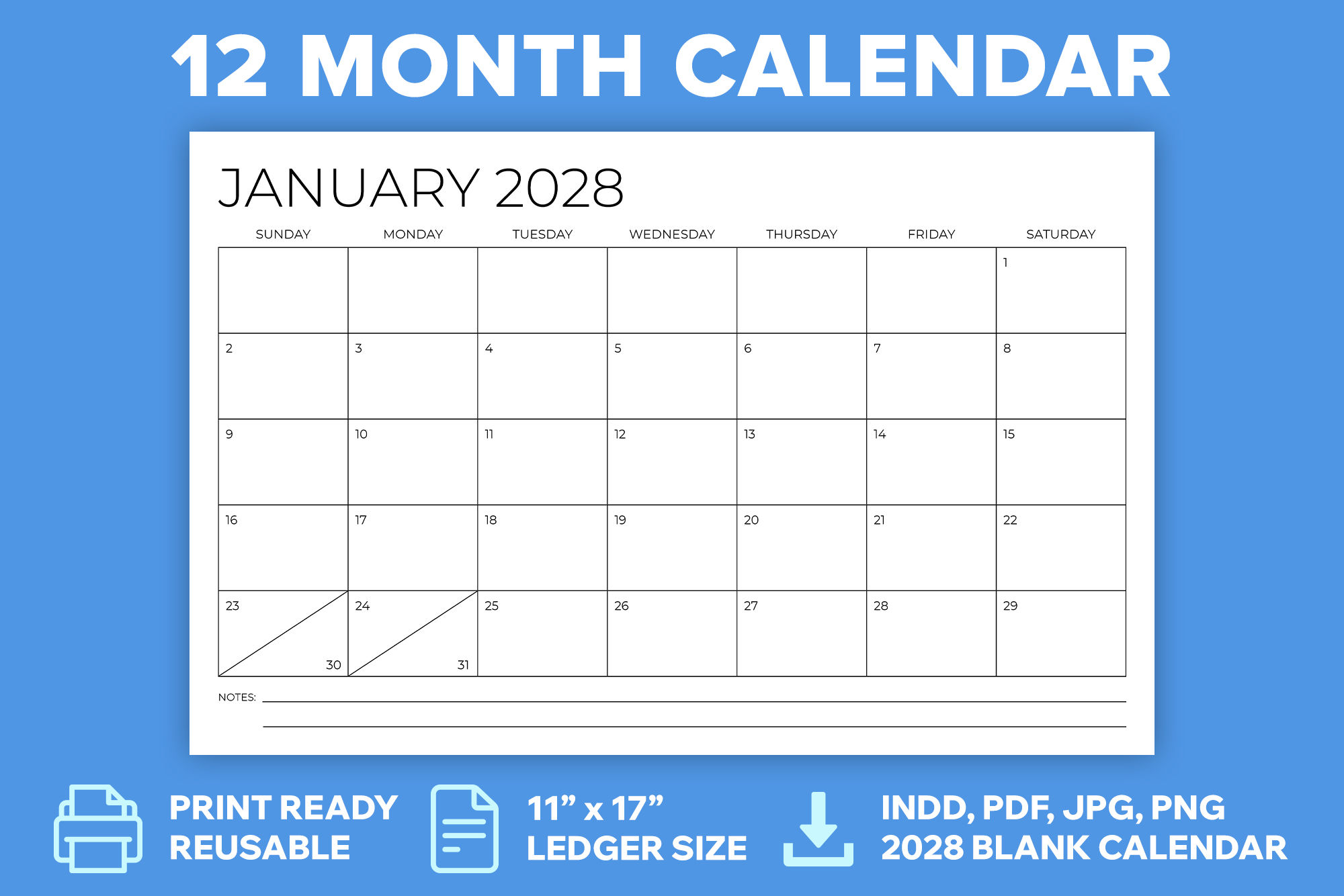 2028 11 x 17 Inch Thin Sans Serif Calendar Template, Calendar PDF, Printable Calendar, Blank Calendar