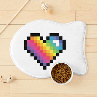 Rainbow Pixel Heart, Pet Food Fish Mat, 80s and 90s Video Game Merch Design