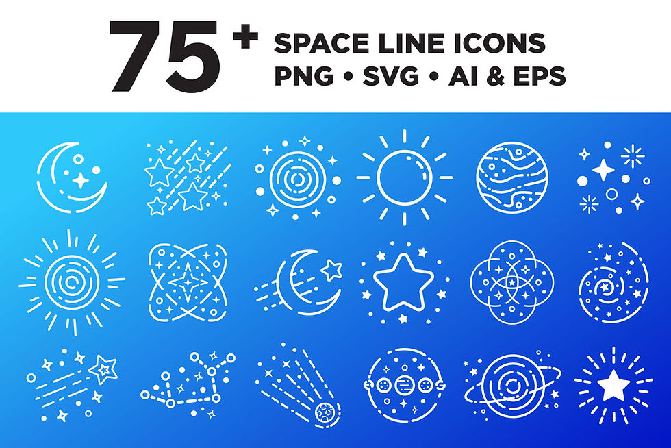 Space Line Icons Set, Galaxy, Star, Moon, Comet, Nebula, Planet, Crescent, Constellation, Sun, PNG, SVG, AI and EPS, VECTOR