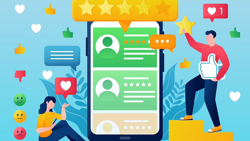 Building Customer Trust and Loyalty, two cartoon people discussing feedback and ratings for online business.