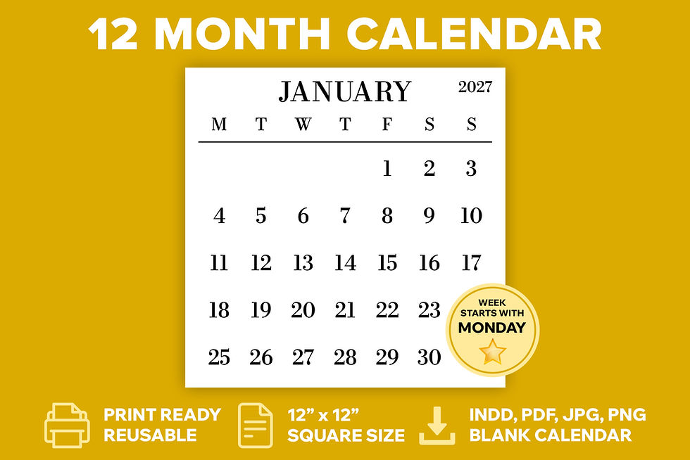 2027 Square Large Number 12x12 Calendar Template, Monday to Sunday, Printable, Blank Calendar, PDF, JPG, PNG, INDD