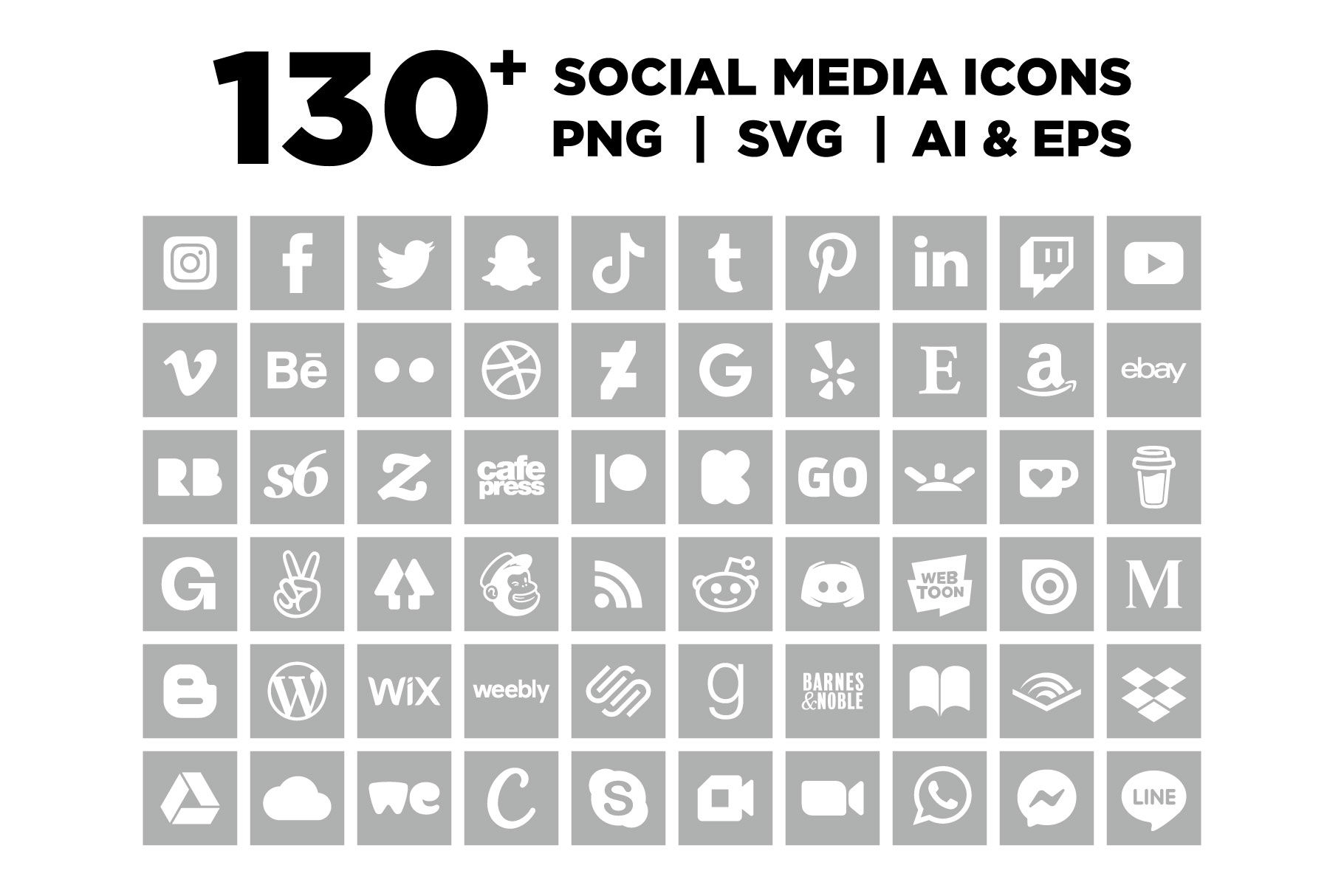 Gray Square Social Media Icons Set, Grey Icons, Social Media Symbols, PNG, SVG, VECTOR