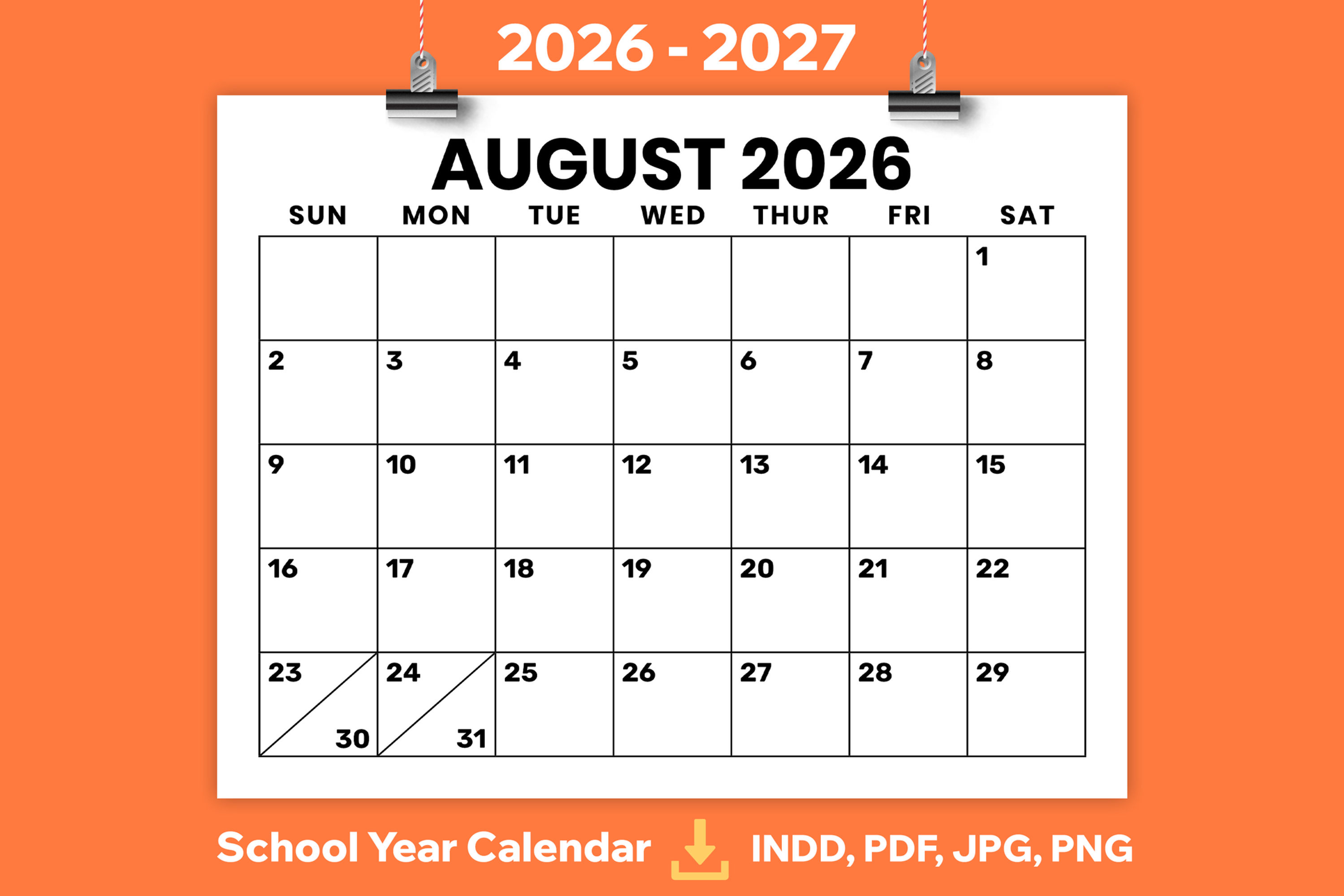2026-2027 8.5 x 11 Inch Large Number Calendar Template, Calendar PDF, Printable Calendar, Big Letter Calendar