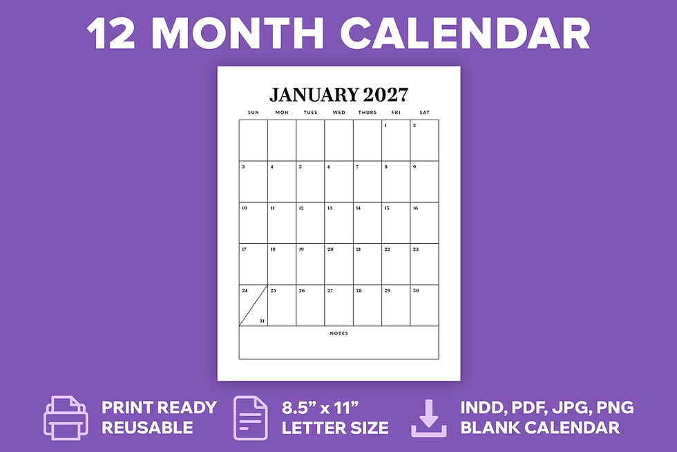 2027 Vertical 8.5x11 Inch Calendar Template, Printable, Blank Calendar, Planner, Modern Professional, PDF