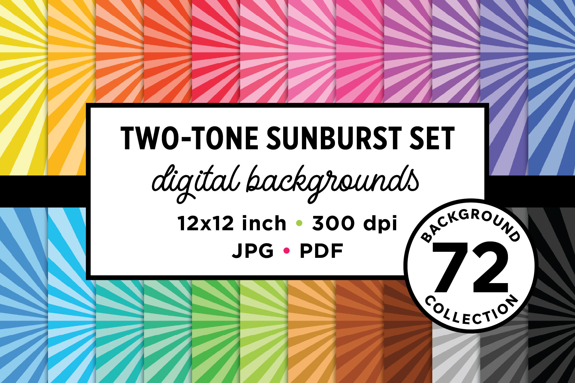 Two-Tone Rainbow Sunburst Digital Background Collection, JPG, PDF, VECTOR, Starburst, Sunbeam, Sunshine, Wallpaper Set