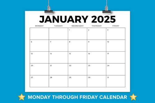 2025 8.5 x 11 Inch Bold Sans Serif Monday to Friday Calendar Template ...