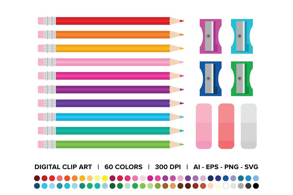 Color Pencil, Sharpener, and Eraser Clip Art, Back to School Clipart, PNG, SVG, VECTOR