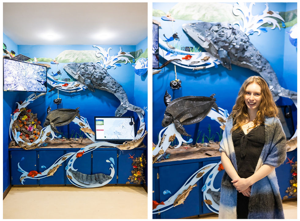 Left: Completed installation during the reveal on February 19th. Right: Tara poses in front of her installation during the reveal celebration.