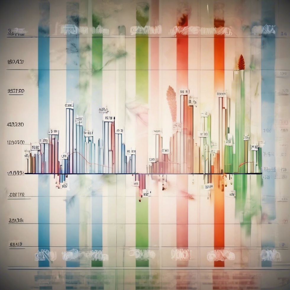Colorful bar graph on a whiteboard displaying various data points. Background has blue, green, and red vertical stripes. Text and numbers visible.