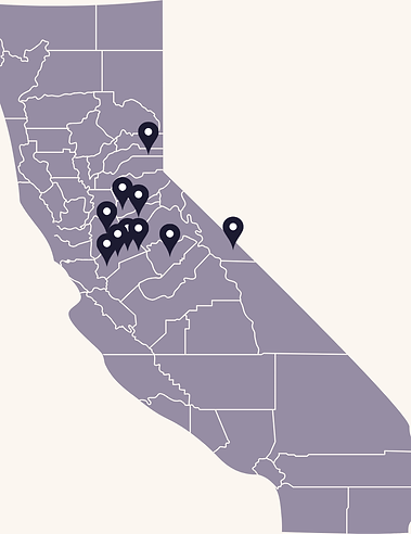 Map of California Counties where several counties are pinned. We serve schools in Calaveras, Ceres, Newman's Crow landing, Patterson, Turlock , Mariposa, Amador, Sierra Nevada and San Joaquin