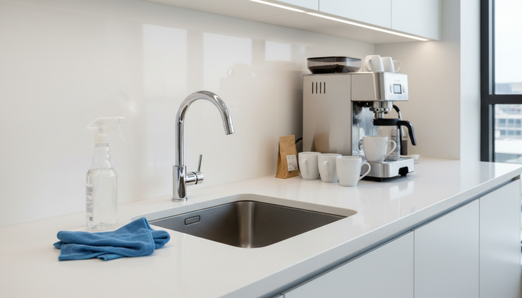 Close-up view of a clean breakroom counter with a sanitizing cloth and spray bottle.