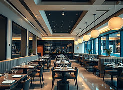Luxury modern restaurant interior, spotless dining area, elegant tables and warm lighting,