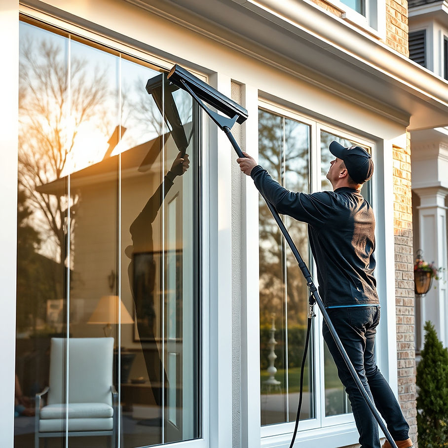 Luxury residential window cleaning scene in Frederick, Maryland, professional cleaner usin