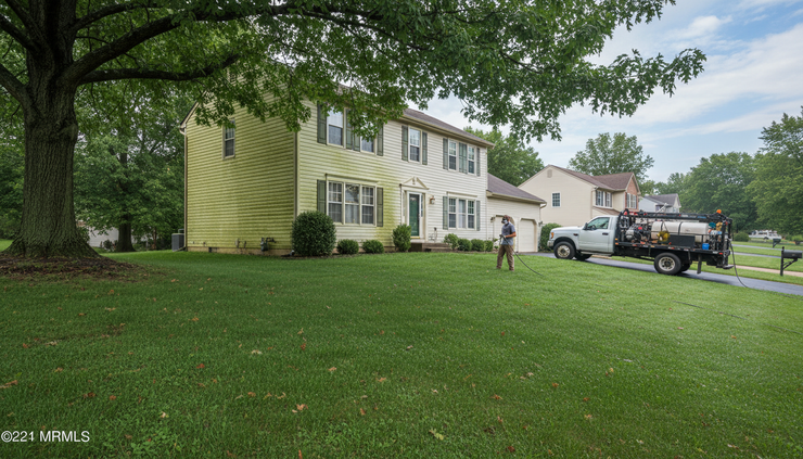 Wide-angle view of a shaded vinyl-sided home with trees nearby