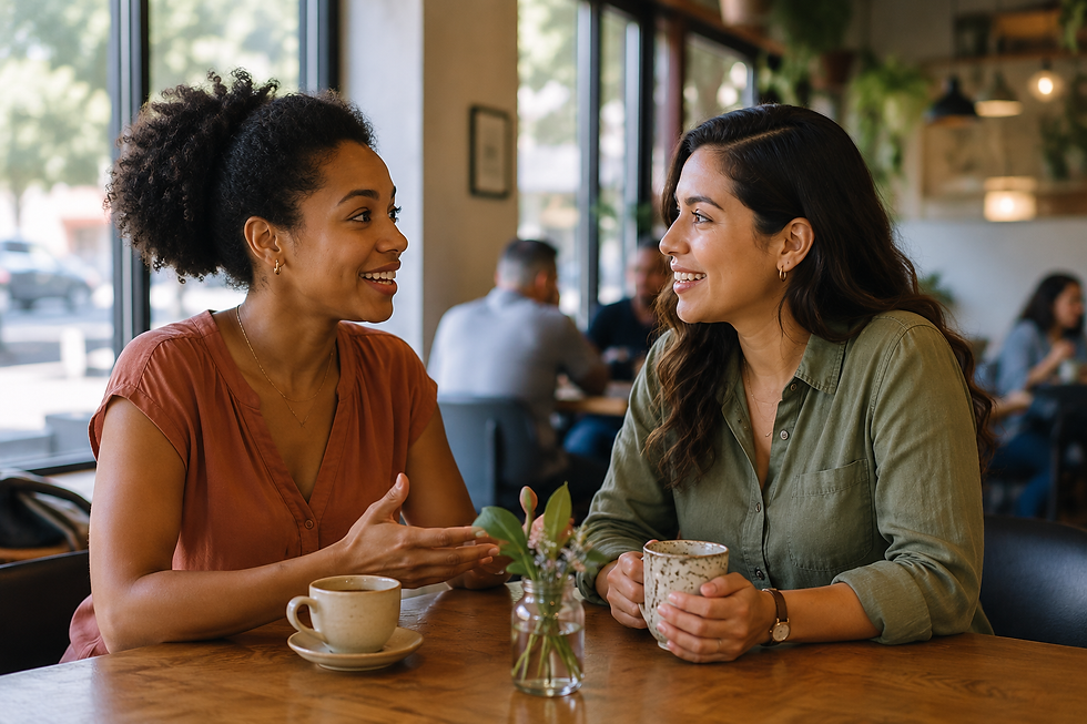 An adult language learner and a native Spanish speaker smiling and talking together during a casual conversation at a neighborhood café. The image represents building confidence through real-life Spanish conversations and meaningful communication.