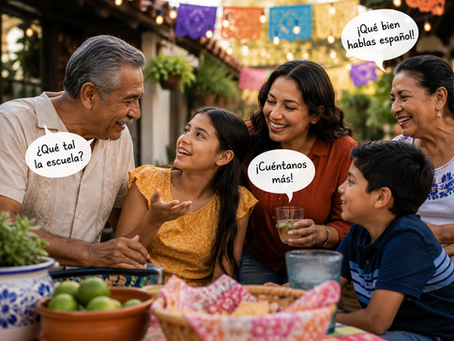 Multigenerational family speaking Spanish together during an outdoor family gathering, with grandparents, a parent, and children having a conversation.