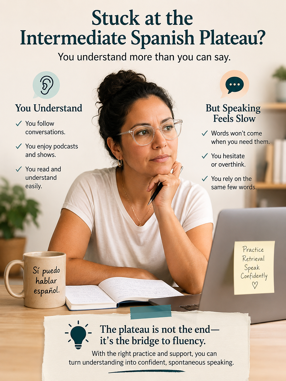 Infographic explaining the intermediate Spanish plateau, comparing strong listening and reading comprehension with slower speaking ability, and emphasizing that active speaking practice helps turn passive understanding into conversational fluency.