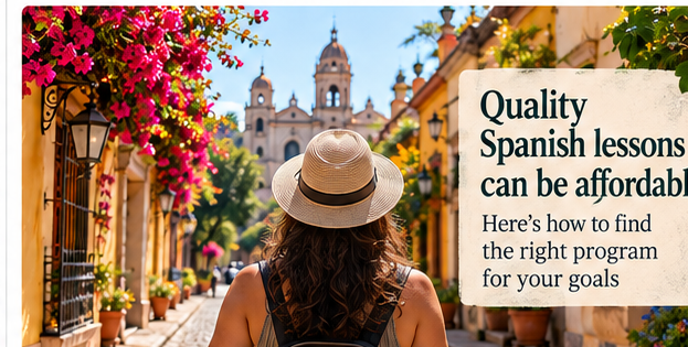 Woman walking through a colorful Latin American street, illustrating how affordable online Spanish lessons can help learners connect with people and cultures.