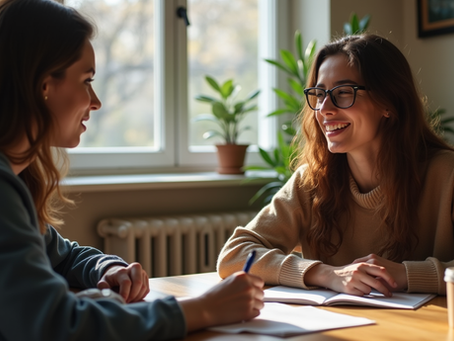 A Spanish coach and an adult student sit across from each other during a one-on-one lesson, smiling as they practice conversation together with notebooks open on the table.