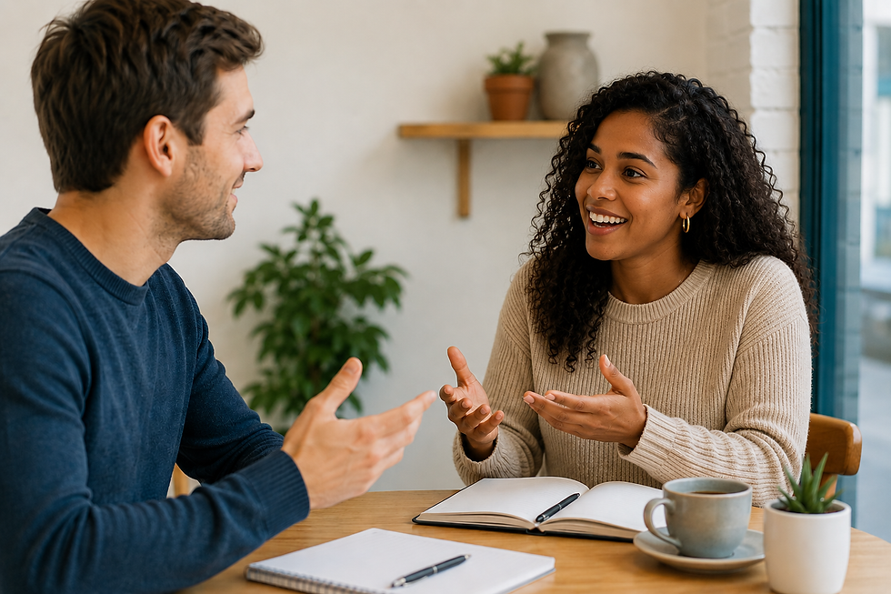 Adult Spanish learner practicing conversation with a Black Latina Spanish instructor during a one-on-one lesson, using notebooks and real-life discussion to build speaking confidence.