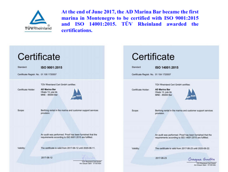 ISO Certificates for AD Marina Bar