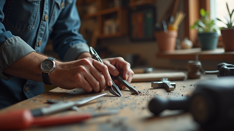 Close-up view of tools used by a handyman on a workbench