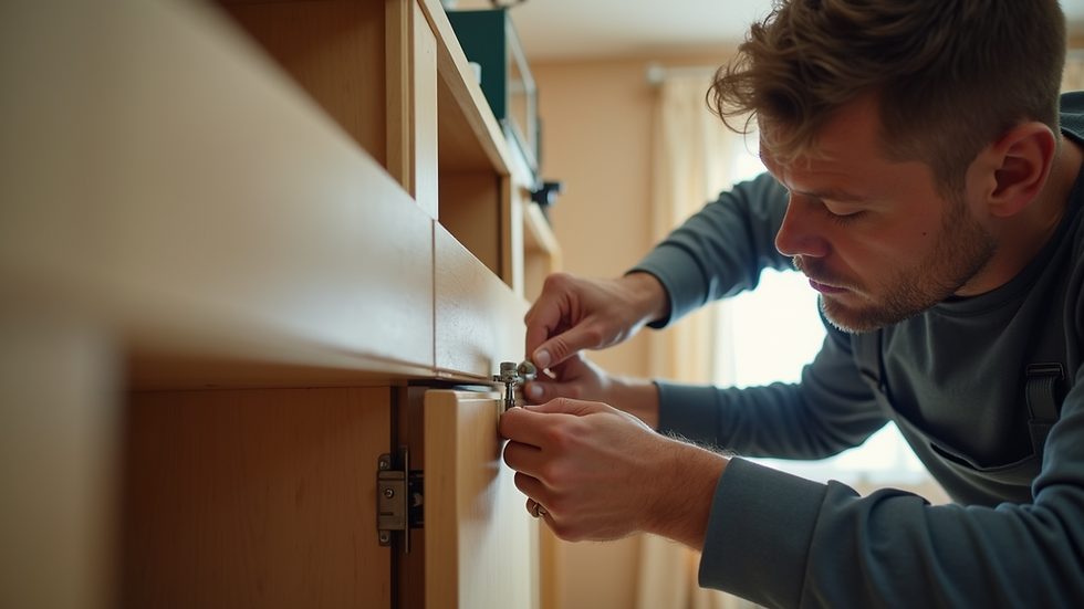Eye-level view of a handyman fixing a kitchen cabinet door