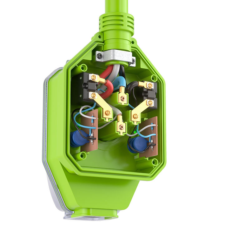Green electrical junction box with open cover, showing red, blue, and black wires connected to gold terminals. Background is plain white.