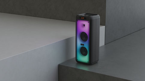 far view of big bluetooth speaker on the grey cube